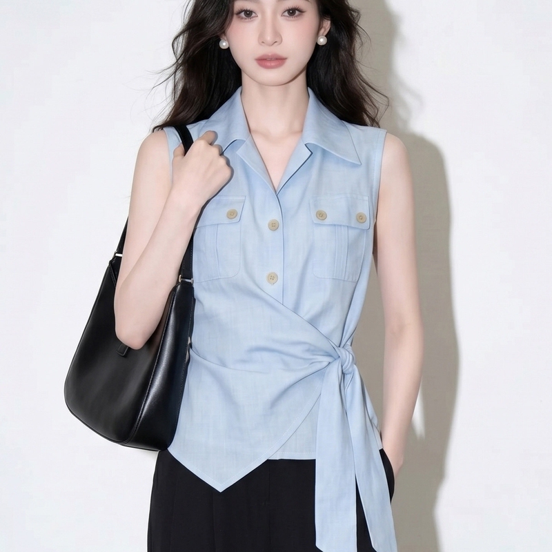 Clear Sky Blue Twist-Tie Shirt Vest for Women, Summer 2026 New French Style, Unique and Beautiful, Old Money Style Sleeveless Top Clear Sky Blue Twist-Tie Shirt Vest for Women, Summer 2026 New French Style, Unique and Beautiful, Old Money Style Sleeveless Top