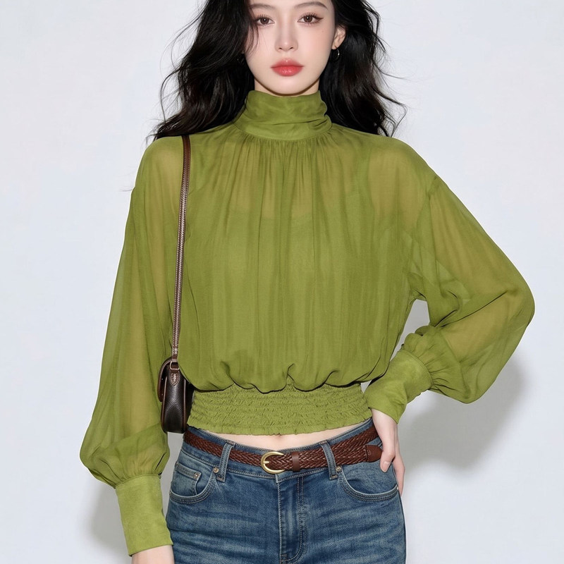 French-Style High-Class Intellectual Blouse for Women, 2026 Early Autumn New Model, Unique and Beautiful, Very Attractive, Elegant High-Neck Pleated Shirt