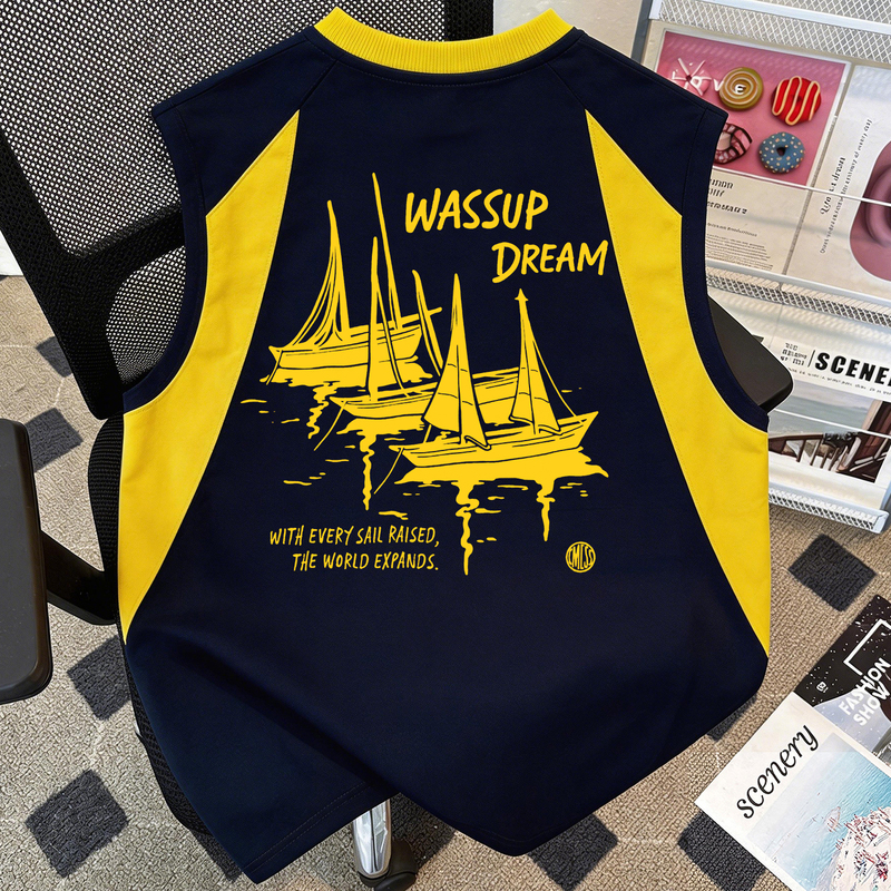 Wassup Sports Loose Casual American Retro High-Quality Sleeveless Vest for Men and Women Summer New Color-Blocked Top