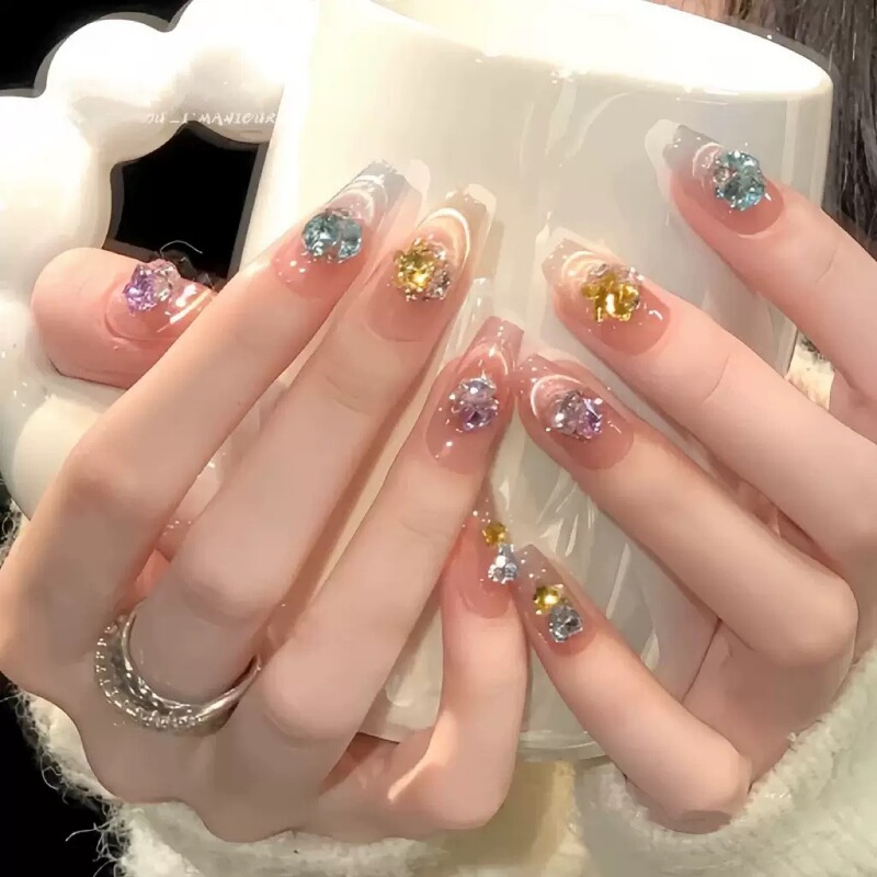 【Diamond Sugar】Handmade Full Diamond Press-On Nails, New Glass Bead Nail Art, Short Cat Nail Design, Summer Brightening Multicolor Nails