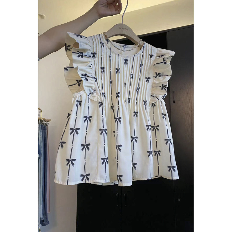 Sakura Luxe LAOSHU 【Twilight Peninsula】Heavy-Duty Pleated Round Neck Flying Sleeve Bow Print Shirt
