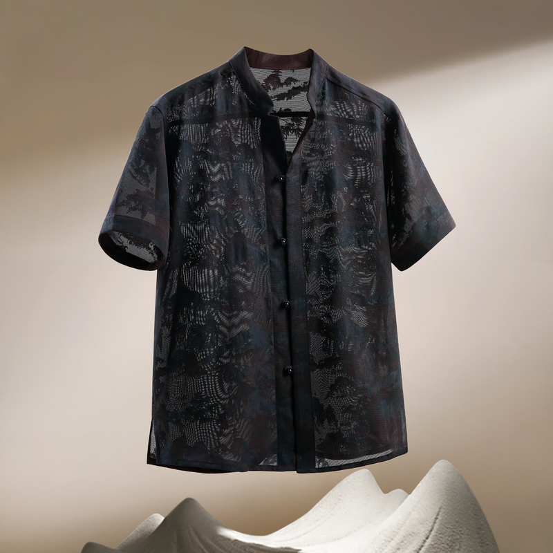 【Impression of West Lake】Four-Needle Twill Summer Men's Loose-Fitting New Chinese Style Double-Sided Wear Stand-Up Collar Casual Short-Sleeve Shirt