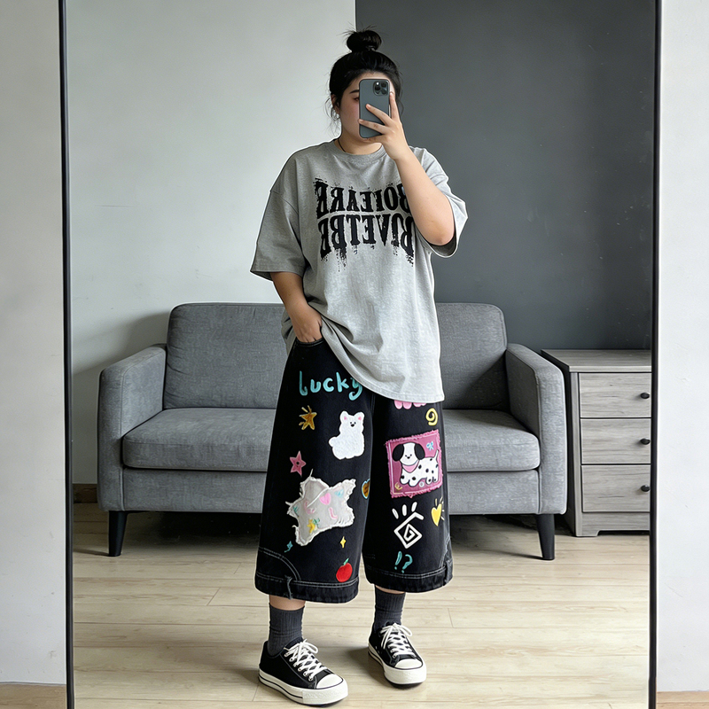 150kg Plus Size Women's Black Cartoon Youthful Wide-Leg Denim Shorts for Women, Loose Straight-Leg Capri Pants for Plus-Size Women
