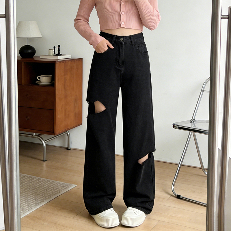 Plus-Size Women's American-Style Ripped Black Straight-Leg Jeans for Women, Super Trendy and Stylish Wide-Leg Pants for Plus-Size Women 2026