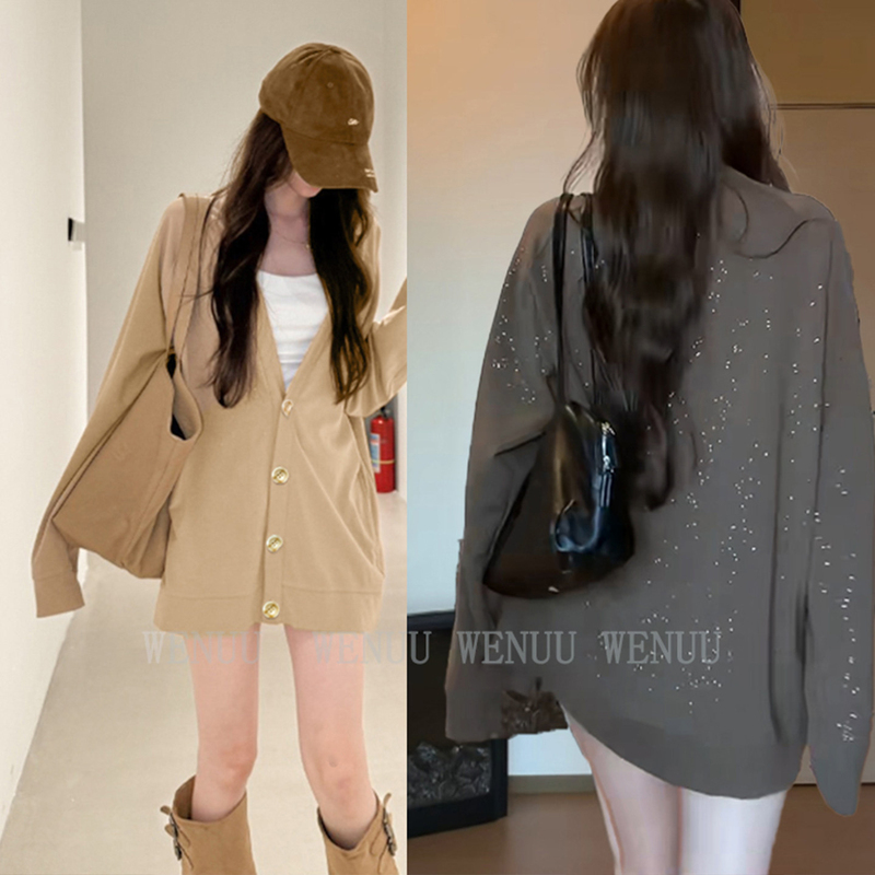 Wenuu【Paper Thin Cardigan】V-Neck Top for Women, Early Autumn New Style, Loose Fit, Slimming, Shimmering Outerwear