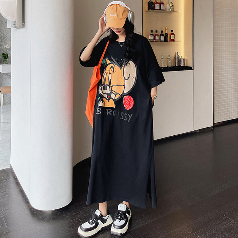 Plus Size T-Shirt Dress for Women, Summer 2026, Extra Long, Ankle-Length, Black Cartoon Print, Loose Short-Sleeved Dress, Trendy