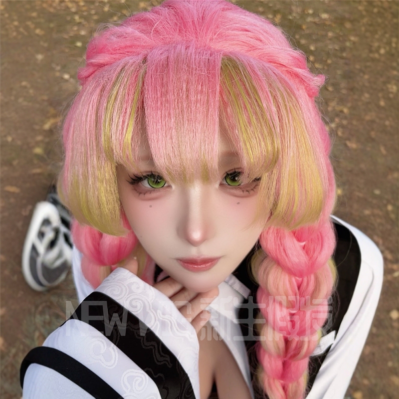 Kanroji Mitsuri Cosplay Wig Demon Slayer: Kimetsu No Yaiba Cosplay Mitsuri Fake Hair Braids Cornrows Two-Dimensional Style