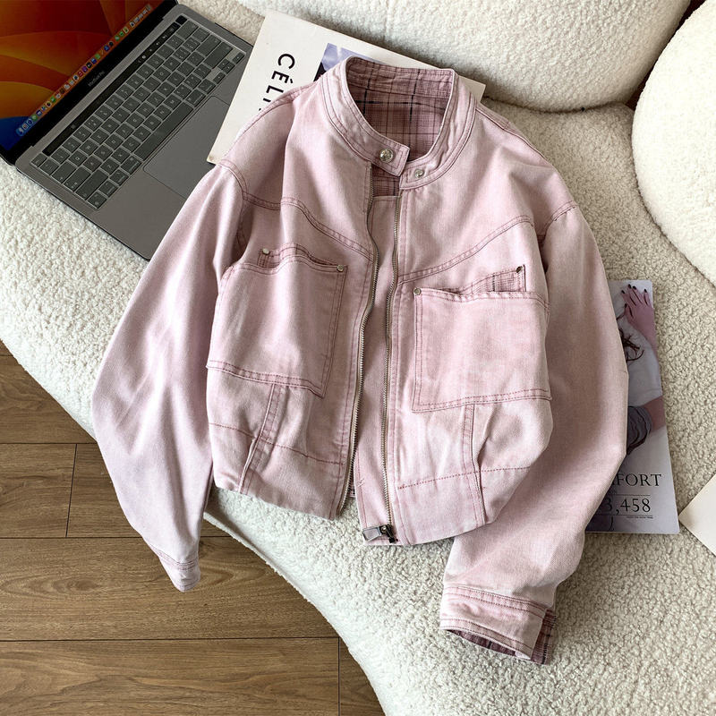 Pink Denim Jacket for Women, New Autumn Style, Loose Fit, Slimming, Versatile, Casual Short Top with a Unique Design Pink Denim Jacket for Women, New Autumn Style, Loose Fit, Slimming, Versatile, Casual Short Top with a Unique Design
