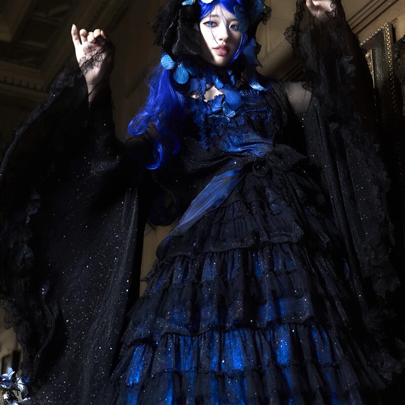 "Shining Butterfly" Original Dark Gothic Embroidery Blue Flash Butterfly Jsk with Short Front and Long Back, Luxurious Cla "Shining Butterfly" Original Dark Gothic Embroidery Blue Flash Butterfly Jsk with Short Front and Long Back, Luxurious Cla