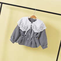 Girls large lapel Plaid long sleeve shirt 2021 autumn new female baby Lotus collar childrens foreign style coat tide