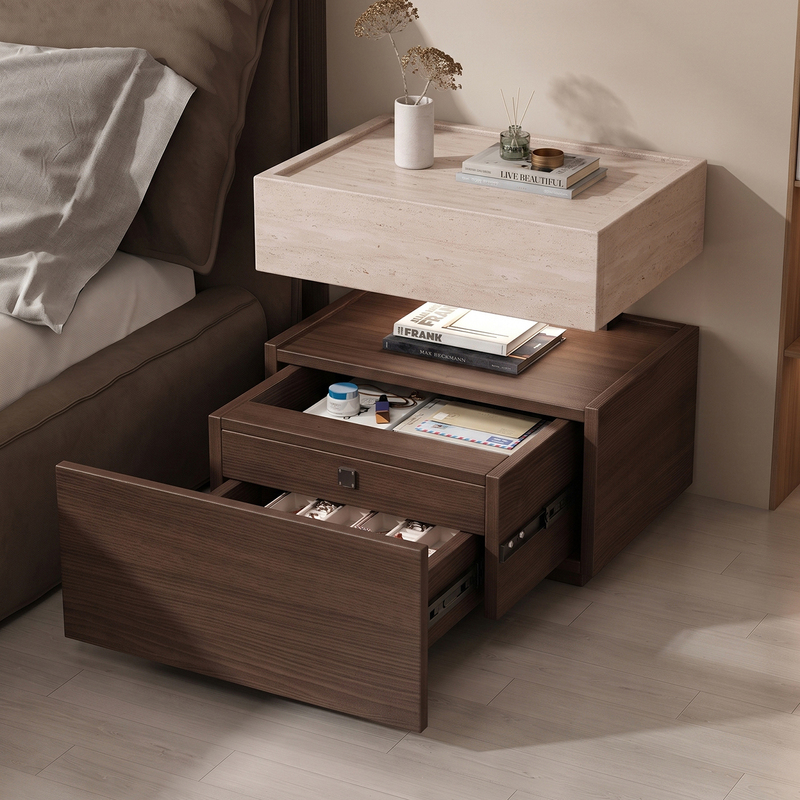 2026 New Italian-Style Light Luxury Floating Modern Multifunctional Hidden Compartment Paint-Free Lockable Solid Wood Bedside Storage Cabinet