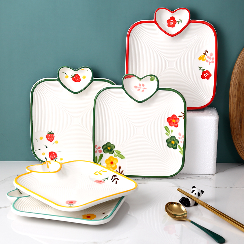 Ceramic Loving Water Dumplings Pan With Vinegar Dish Creative Teenage Girl Hearts Fries Pan and Shrimp Discs mesh Red Trays Dish