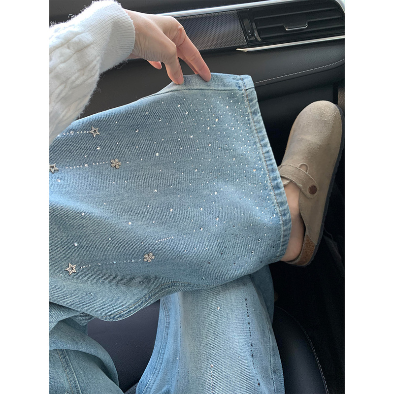 American-Style Blue Rhinestone Straight-Leg Jeans for Women, New Spring Model, Plus Size, High-Waisted, Loose, Slimming, Wide-Leg Pants