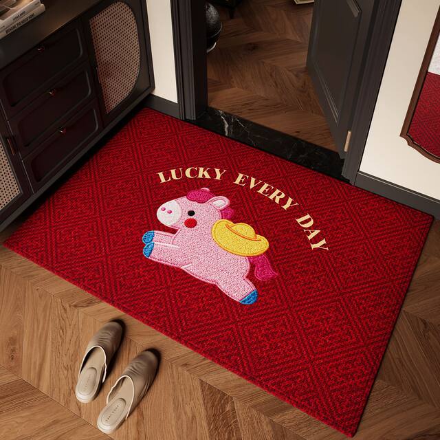 Red Year of the Horse Loop Pile Doormat, Stain-Resistant and Easy to Maintain, Entrance Mat, Outdoor Front Door Non-Slip Mat
