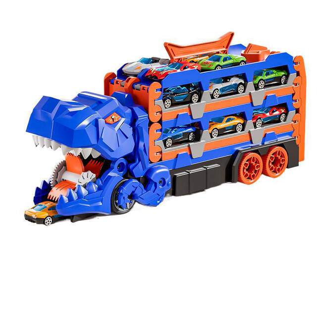 Children's T-Rex Dinosaur Swallowing Track Car Toy 6-in-1 Transforming Sliding and Launching Alloy Storage Car for Boys 3+
