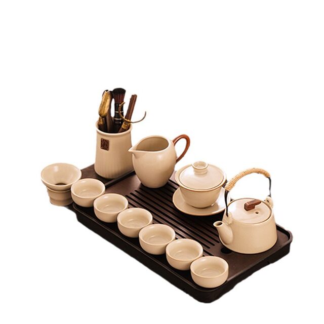 New Style Ru Kiln Kung Fu Tea Set for Home Use, Light Luxury High-End Ceramic Tea Pot, Tea Cups, Tea Tray, Complete Tea Set