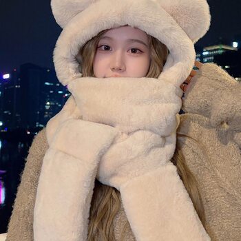 Plush Teddy Bear Hat, Autumn and Winter Women's Scarf and Gloves Set, Winter Neck Warmer, Cute Cartoon, Warm Winter Three-Piece Set