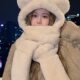 Plush Teddy Bear Hat, Autumn and Winter Women's Scarf and Gloves Set, Winter Neck Warmer, Cute Cartoon, Warm Winter Three-Piece Set
