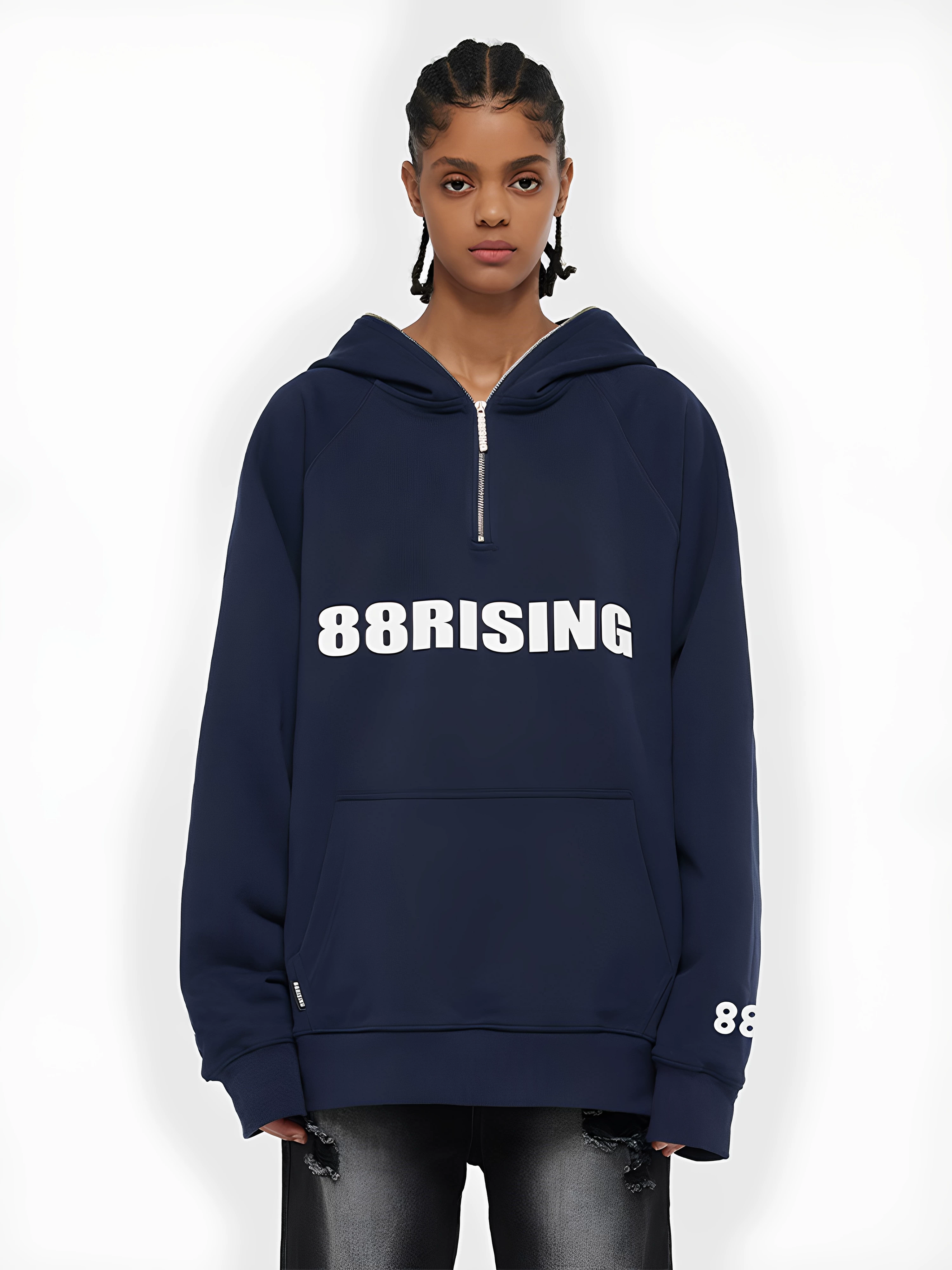 [十八升88Rising纯色半拉炼字母标志厚板胶印连帽套头运动衫的男人和女人]