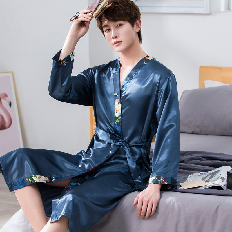Men's spring and autumn ice silk long sleeve sleeping robe suit Summer thin model emulated silk pyjamas male lengthened bathrobe bathing suit