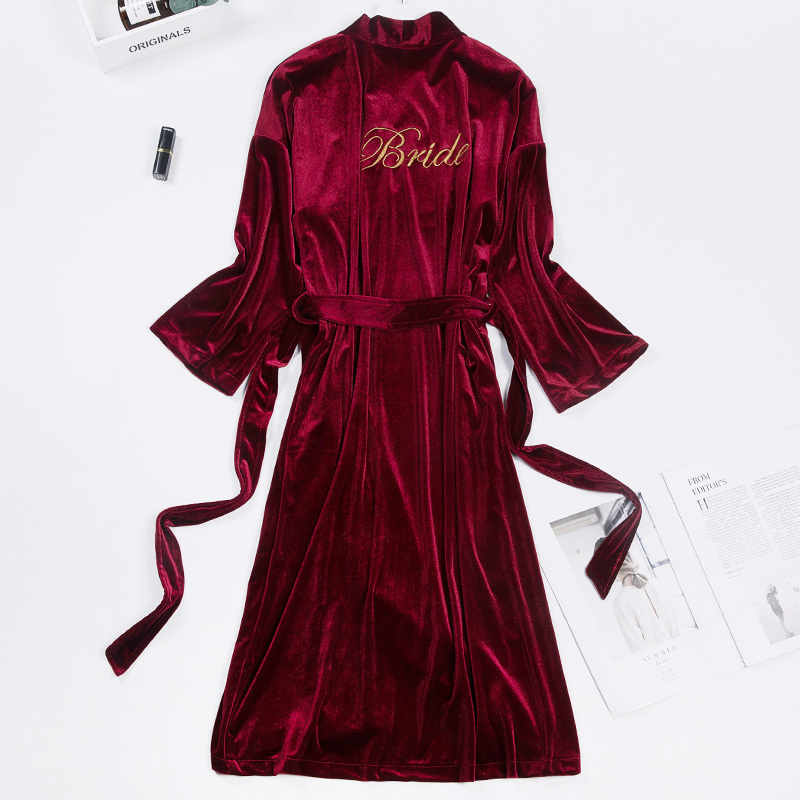 Thick Velvet Long Bathrobe, Winter Party Pajamas, Red Wedding Bridesmaid Robe, Bridal Morning Gown for Women