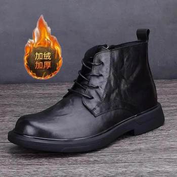 Grayscale cowhide men's boots high-top men's boots fashionable martin boots plus velvet warm outdoor work boots