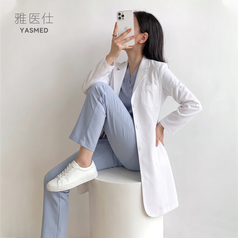 Korean High-End White Lab Coat for Female Doctors, Long-Sleeved Work Uniform, High-End Medical Staff Uniform for Male Dentists, Autumn and Winter Wear for Hospitals