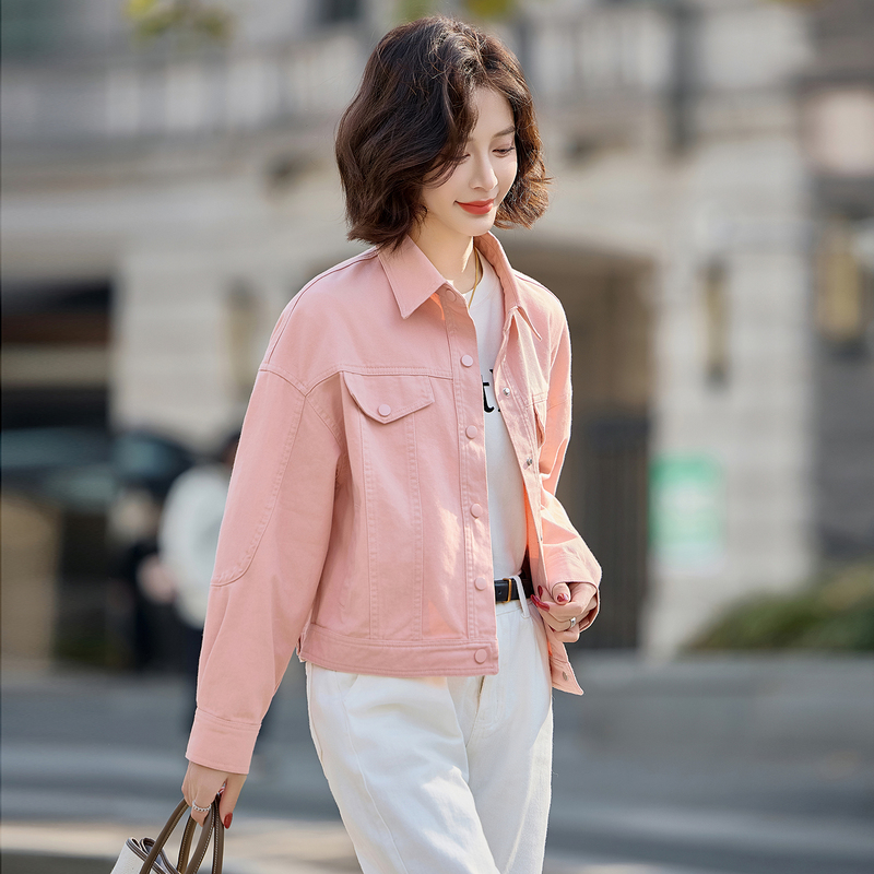 Pink Denim Lapel Jacket for Women 2026 Spring and Autumn Fashion New Korean Style Simple Casual Jacket Retro Short Jacket