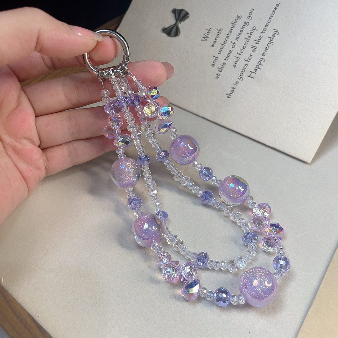 High-end sparkling crystal phone lanyard, purple exquisite crystal starry sky bead phone chain, bag charm