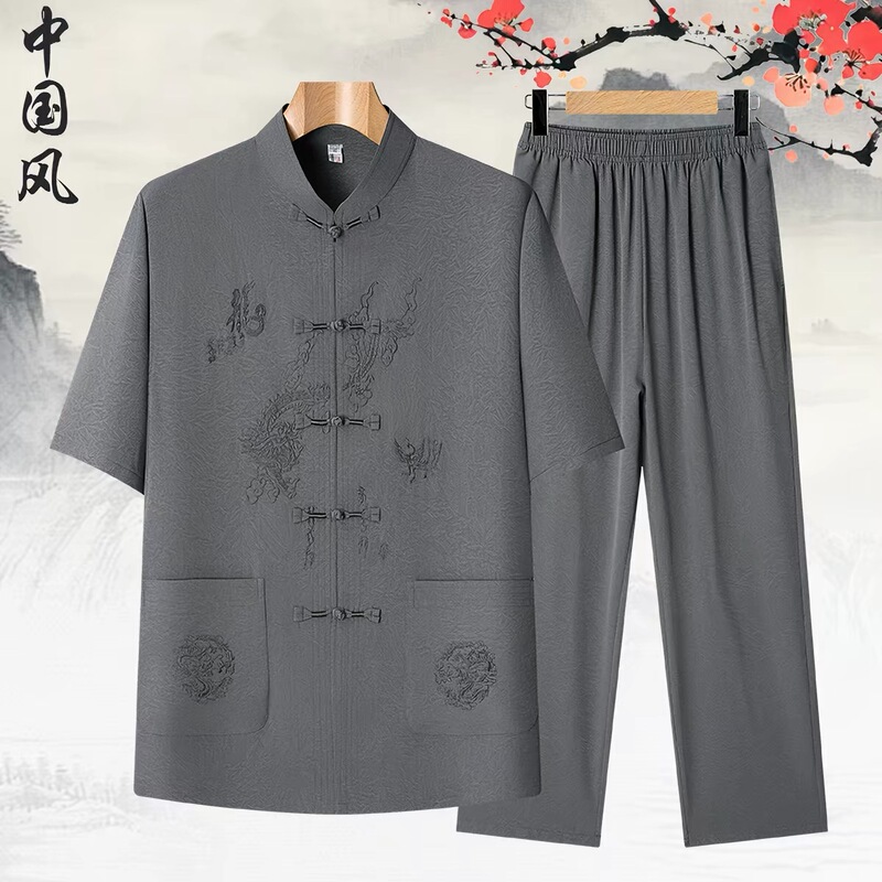Woodpecker Short-Sleeved Ice Silk Tang Suit Set for Men, Summer Thin Style, Chinese Style, Middle-Aged and Elderly Grandpa Two-Piece Set, Dad Outfit