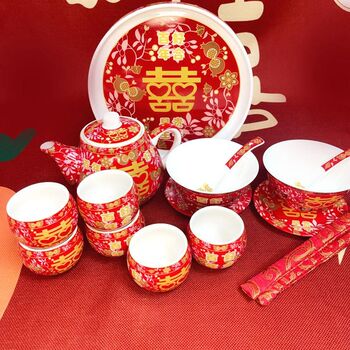 Wedding tea cup, newlywed wedding bowl, wedding dowry red tableware, wedding bride o dowry tea set supplies large