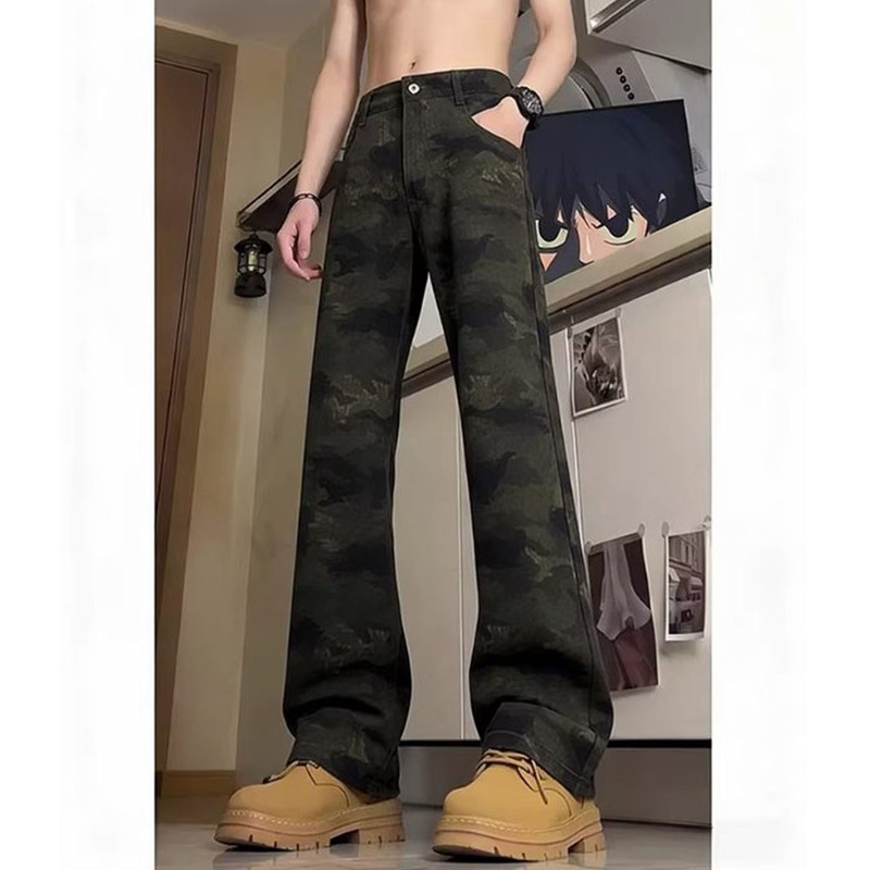 Spring and Summer Cleanfit Camouflage Flared Jeans, Trendy American High Street Vibe, Slim Fit, Flattering, Curved Hem Long Pants