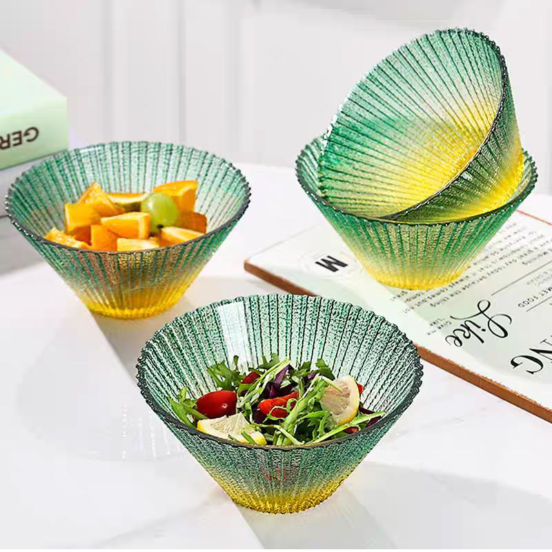 High-Quality Yellow-Green Gradient Glass Bowl ins Feng Bing Silk Bowl for Home Use, Eating Bowl, Soup Bowl, Salad Bowl, Restaurant Bowl
