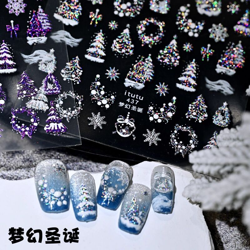 Fantasy Christmas Nail Art Stickers Christmas Tree Sparkling 3D Embossed Gold Foil Christmas Snowflake Nail Stickers Decorations