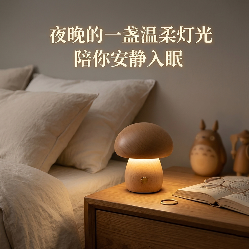 Solid Wood Mushroom Night Light, Creative and Stylish for Girls, USB Interface Wooden Sleep Lamp for Bedroom Bedside