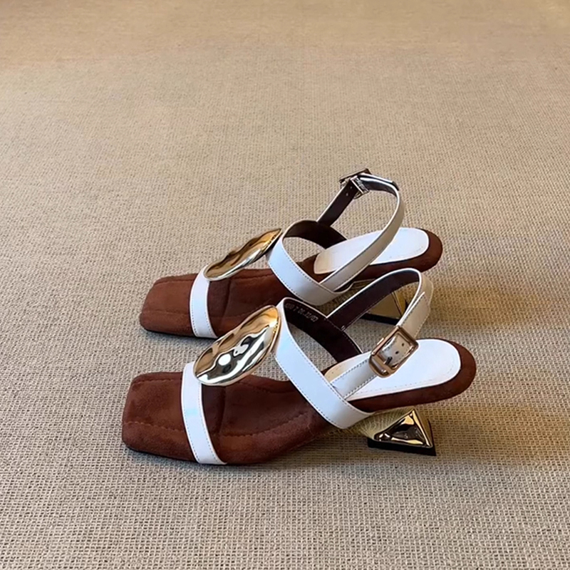 Sheepskin Version ~ New Metal Strap Roman Sandals for Women, Simple and Fashionable Open-Toe Square Toe soft sole High-Heeled Sandals