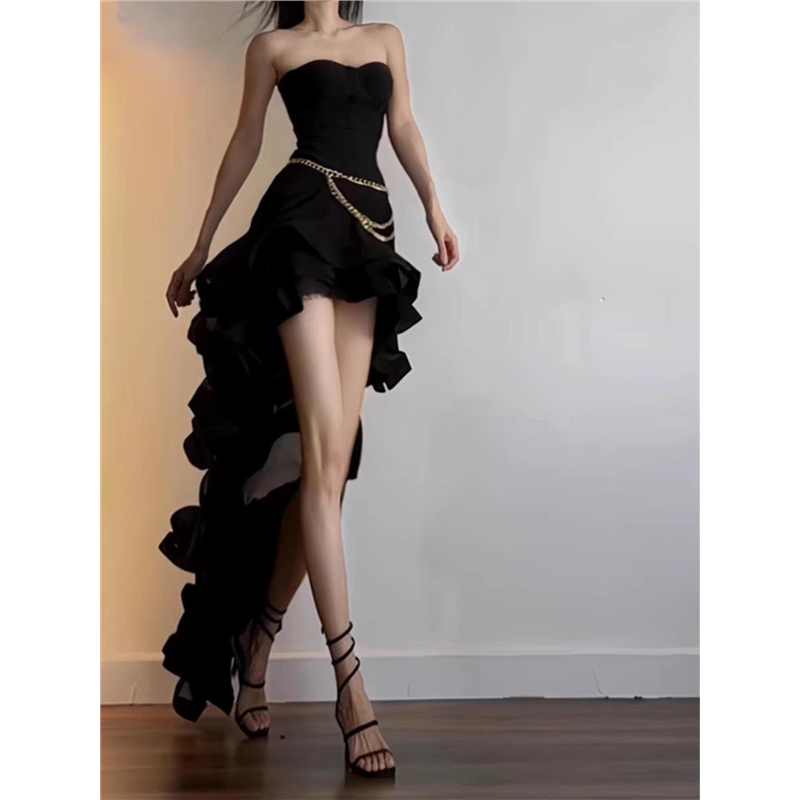 French-Style Elegant Black Strapless Dress with Three-Dimensional Ruffles, Irregular Swallowtail Hem, Birthday Dress, Cocktail Dress