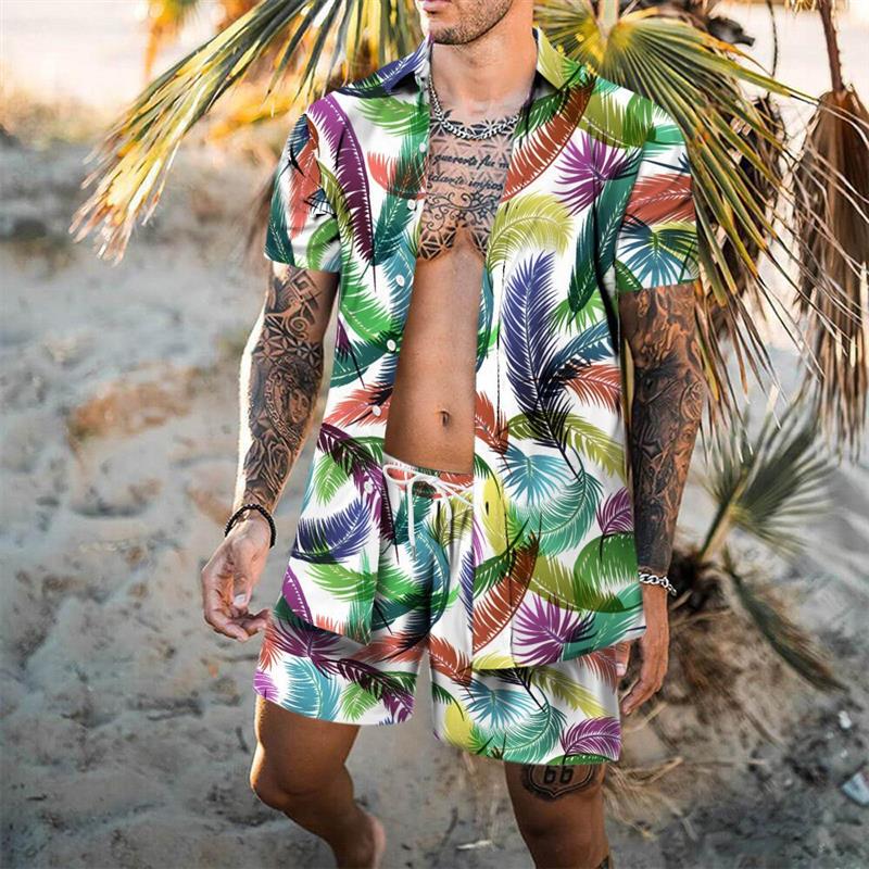 Summer Casual Lapel Collar Men's Shirt Set with Flamingo Pattern 3D Digital Print Shirt + Shorts