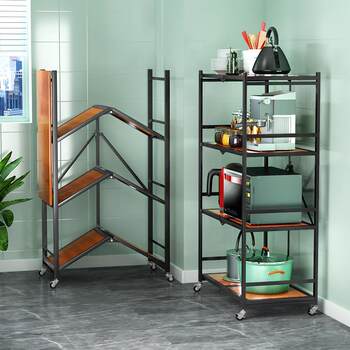 Folding microwave oven kitchen storage rack floor-mounted multi-layer seasoning storage cabinet placed in vegetable basket storage pot against wall narrow