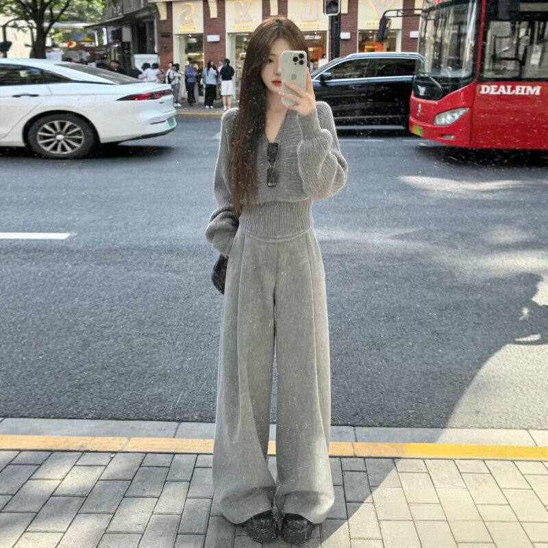 Korean-Style High-End Sports Suit for Women, Autumn Season, Waist-Cinching Slim-Fit Knit Top, Wide-Leg Pants, Casual Two-Piece Set, Trendy Korean-Style High-End Sports Suit for Women, Autumn Season, Waist-Cinching Slim-Fit Knit Top, Wide-Leg Pants, Casual Two-Piece Set, Trendy