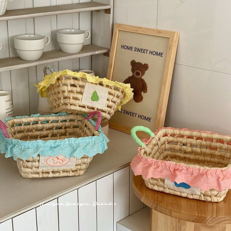 Cute Basket Bag Mini Handbag Kidsren's Hand-Held Small Lace Lace Woven Plaid Baby Accessories for Girls