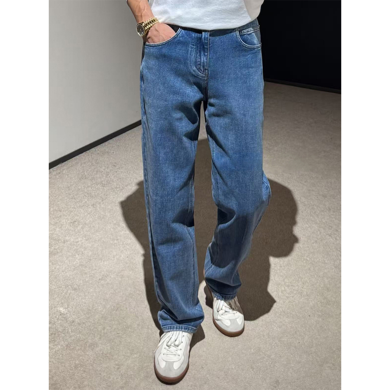 Classic Retro Washed Blue Jeans for Men, Loose, Minimalist, Slightly Wide, High Street Style, Versatile Casual Trousers
