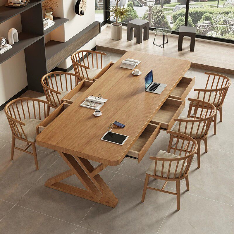Solid Wood Large Desk with Drawers, New Chinese Style, Home Use, Study and Writing Desk, Long Table, Office Workstation