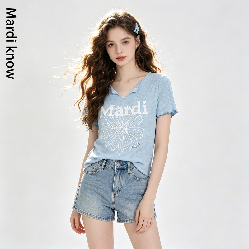 Mardi Know Korean Style Blue Thin Regular Shoulder Short-Sleeve T-Shirt Women's 2026 Summer New Design Top Mardi Know Korean Style Blue Thin Regular Shoulder Short-Sleeve T-Shirt Women's 2026 Summer New Design Top