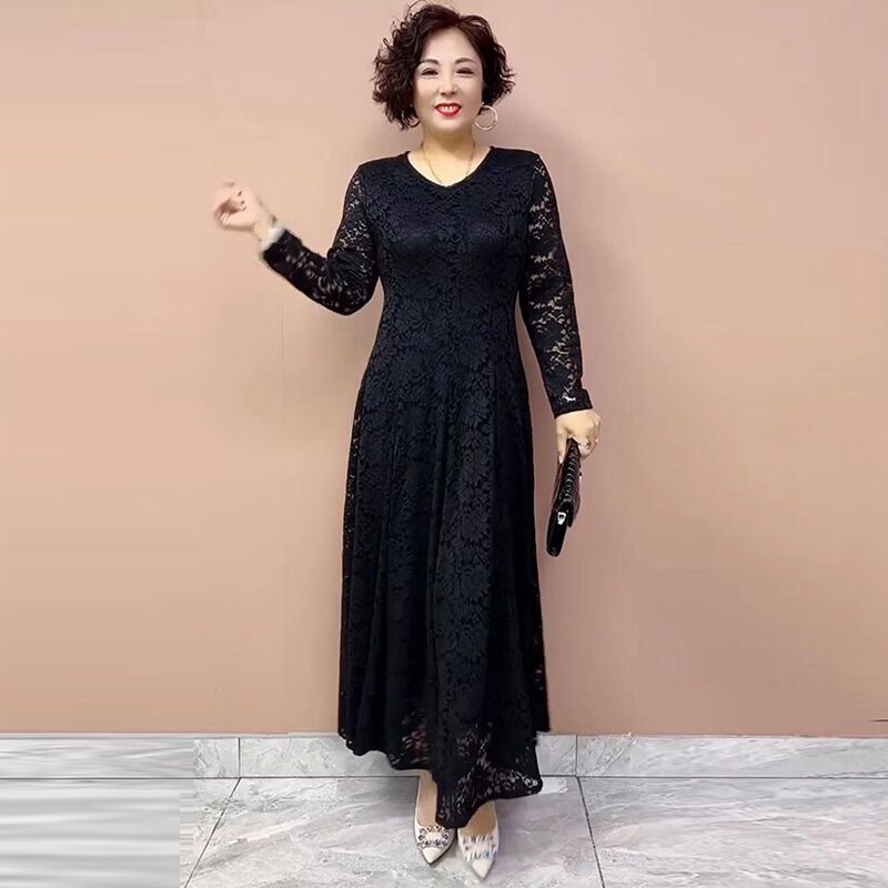 Spring and Autumn New Style Mother's Clothing Lace Long Dress Slim Fit Stretchy Square Dance V-Neck Flared Long Dress Spring and Autumn New Style Mother's Clothing Lace Long Dress Slim Fit Stretchy Square Dance V-Neck Flared Long Dress