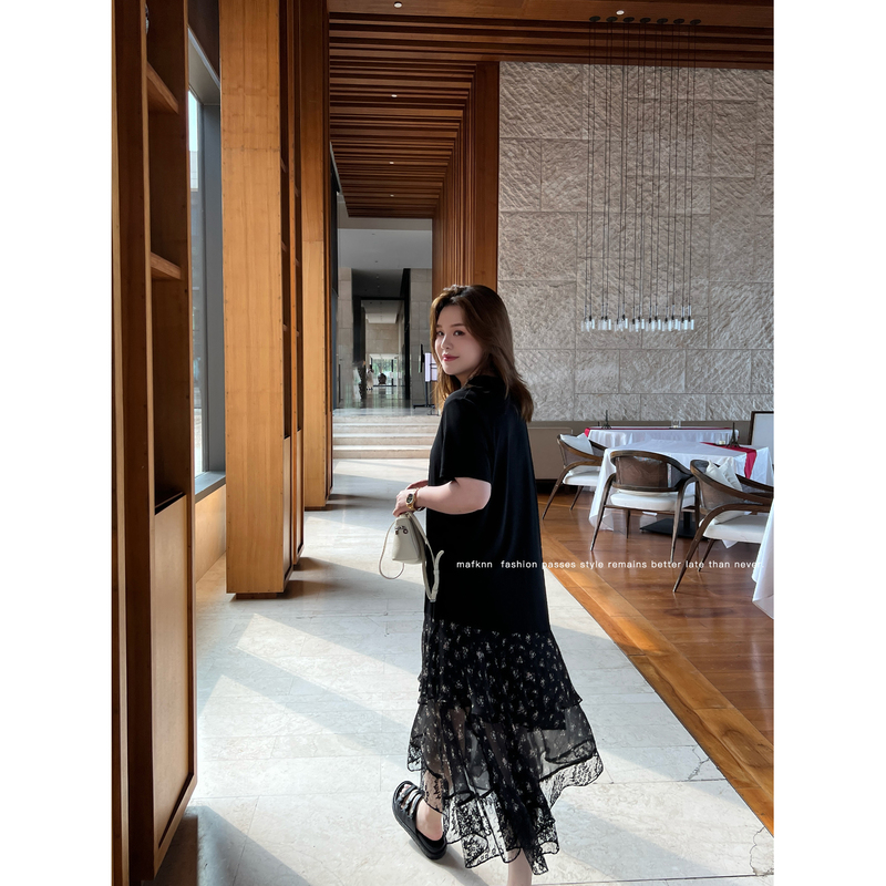Jojo's Private Clothing [Dark Night Rose] T-Shirt Dress, High-End Plus Size Slimming Black Loose Spliced Long Dress