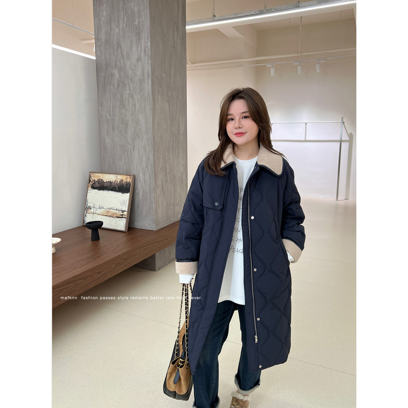 Jojo's Private Clothing | 90 White Duck down Plus Size Women's Fleece Splicing Slimming Mid-Length down Jacket Mk13584 Jojo's Private Clothing | 90 White Duck down Plus Size Women's Fleece Splicing Slimming Mid-Length down Jacket Mk13584