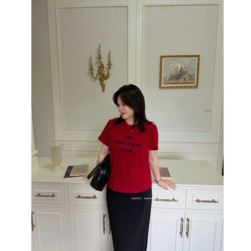 Jojo's Private Clothing | High-Weight Brushed Knit + Short Flocking Print Plus-Size Autumn American-Style Short-Sleeve T-Shirt Mk15364 Jojo's Private Clothing | High-Weight Brushed Knit + Short Flocking Print Plus-Size Autumn American-Style Short-Sleeve T-Shirt Mk15364