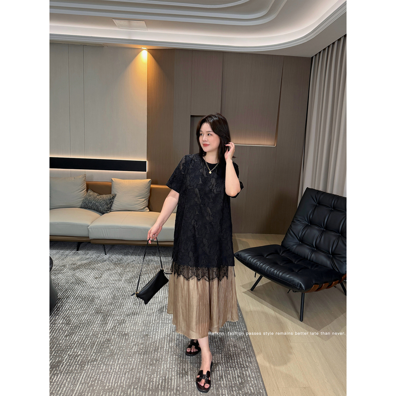 Jojo's Private Clothing |   Three-Piece Splicing Large Size Dress, Summer Slimming Embroidered Lace Dress Mk15263
