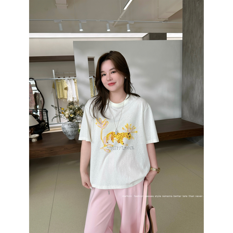 Jojo's Private Clothing |   Cigar Cotton Plus-Size Women's Clothing for Slightly Chubby Figures, Slimming Texture, Small Leopard Print Short-Sleeve T-Shirt Mk14523